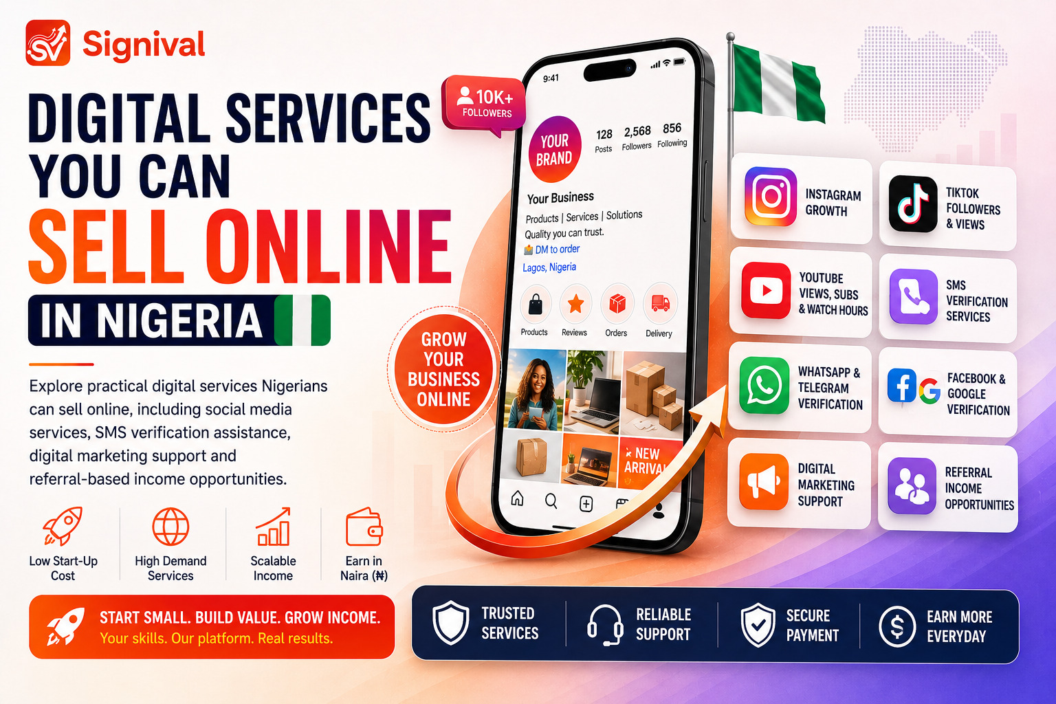 Nigerian entrepreneur offering digital services online including SMM, SMS verification, and social media growth