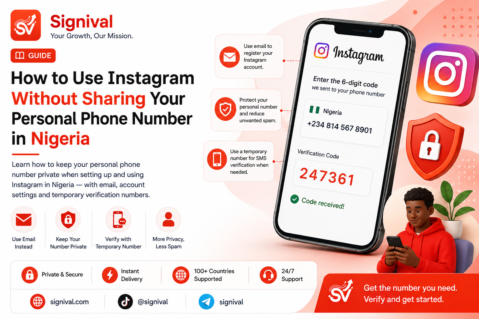Instagram app on smartphone showing account setup with privacy settings and phone number options