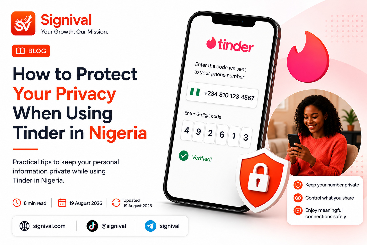 Tinder app on smartphone with privacy protection tips including virtual numbers and profile security